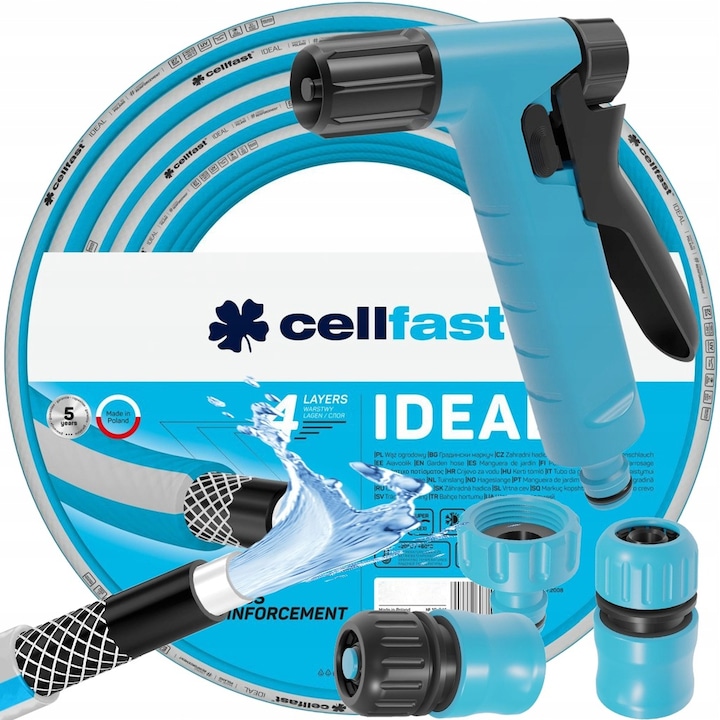 Set de Furtun de gradina Cellfast Ideal 10-241, 1/2", 30m, PVC, 3 adaptor, pistol de stropit, Albastru