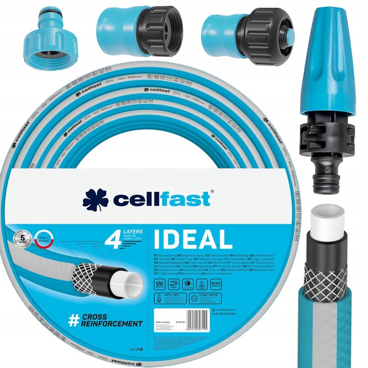 Set de Furtun de gradina Cellfast Ideal 10-242, 1/2", 50m, PVC, 3 adaptor, aspersor, Albastru