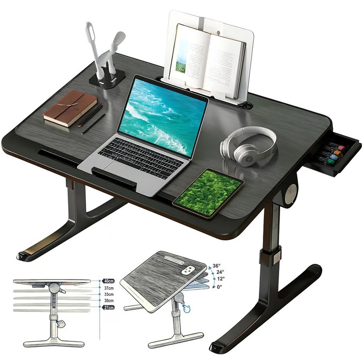 Stand laptop multifunctional tip masuta, Linomag®, Reglabil, Pliabil, 60cm x 40cm x 27cm ~ 40cm, Suport carte, Suport tableta, Sertar depozitare, Negru/Gri