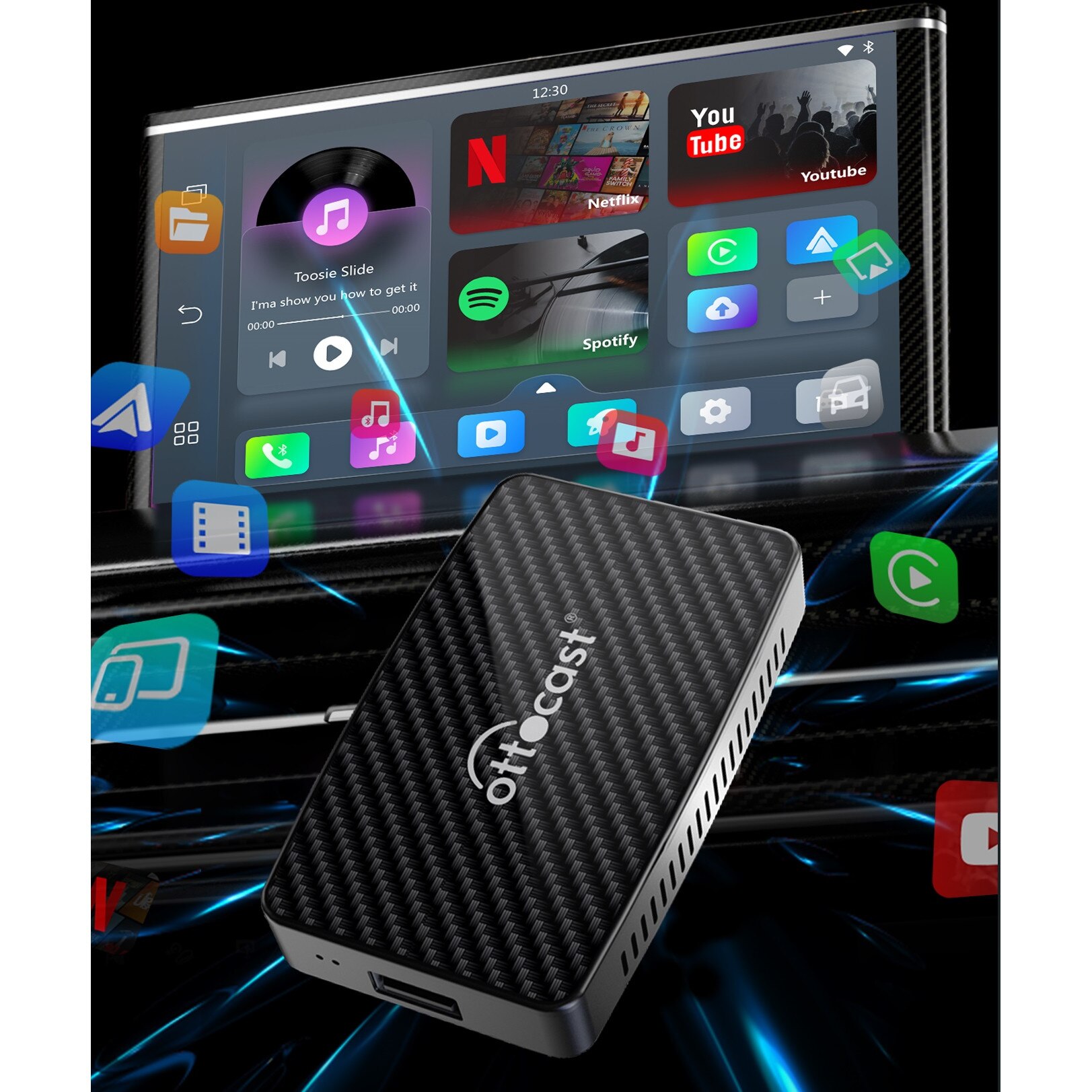 OTTOCAST Play2Video Pro – 2‑in‑1 draadloze CarPlay en Android Auto‑adapter met vooraf geïnstalleerde YouTube, Netflix & Prime Video, Android 12.0, 5 GHz Wi‑Fi, ondersteunt USB‑stick tot 128 GB