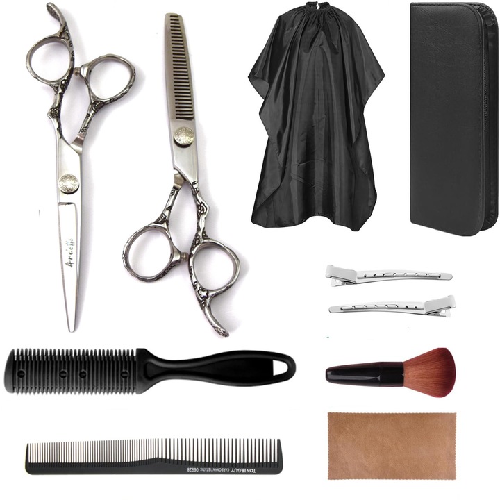 Set foarfeca tuns si filat, Ardette, 10 piese, Inox, Husa depozitare, Manta frizerie, Clame metalice, pamatuf, pieptene carbon