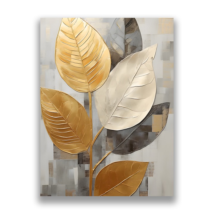 Първокласна картина на платно, LuxCanva® A1560, Симфония от листа, 90 X 120 CM, 100% памучно платно 400g/m2, Дървена рамка, Спалня, Декоративна, Природа, Злато, Всекидневна, Живи цветове