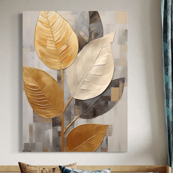 Картина върху платно, LuxCanva, A1560, Симфония от листа, 100 X 135 см, 100% памучно платно 400 г/м2, дървена рамка, спалня, декоративна, природа, златисто, хол, ярки цветове