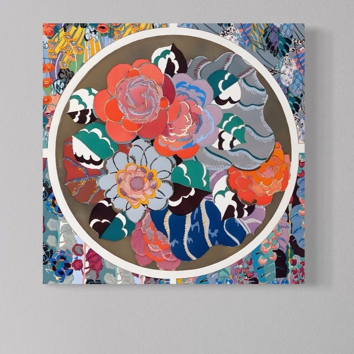 Премиум Канава Картина, LuxCanva® A1561, Флорален Кръг, 75 X 75 СМ, Плат 100% Памук 400гр/м2, Дървена Рамка, Спалня, Декоративен, Цветя, Растения, Цветен, Всекидневна, Ярки Цветове