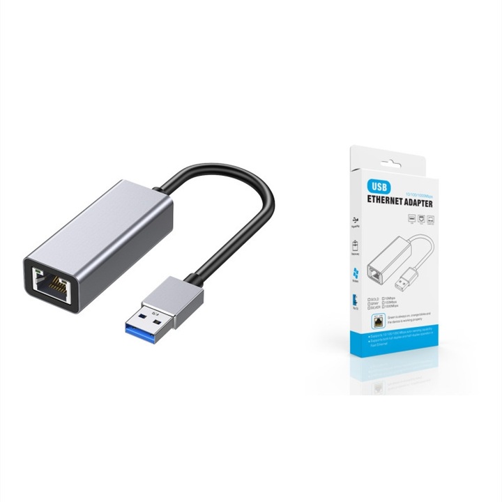 USB-Ethernet adapter, USB 3.0, kompatibilis Windows/Mac OS/Surface Pro/Linux rendszerrel, szürke