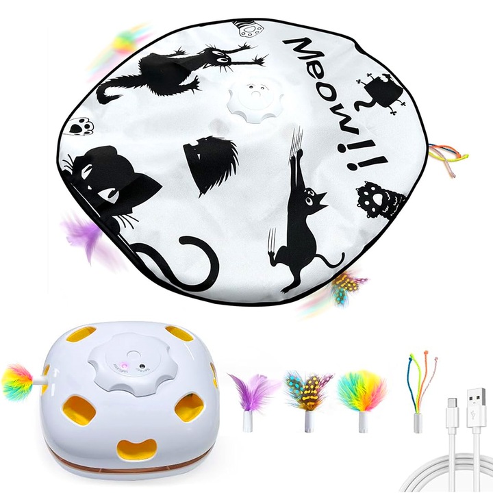Jucarie pisici, 4 Metode de joaca, Mod de noapte, Baterie de 1000mAh, Accesorii incluse, USB Typ-C, Alb