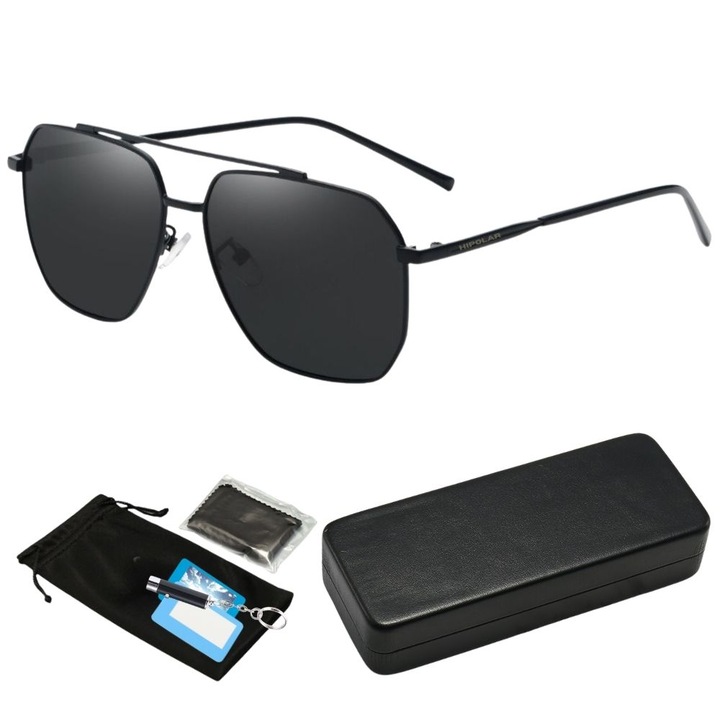 Polarizált napszemüveg, HIPOLAR, 3. osztály, fém keret, fekete lencse HD6, UV400, Anti-Shock ház, tesztkészlet