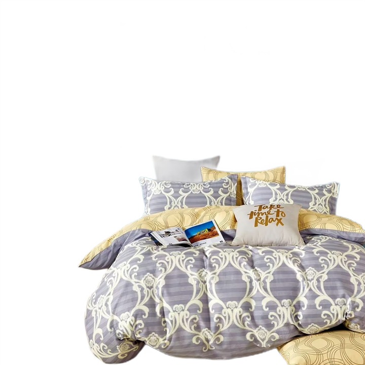 Lenjerie de pat o persoana Percalle imprimat Bumbac 100% 3 piese cearsaf pat 160x240 cm, pilota 150x220 cm, fata perna 50x70 cm, Modern Mov / Galben, Pucioasa