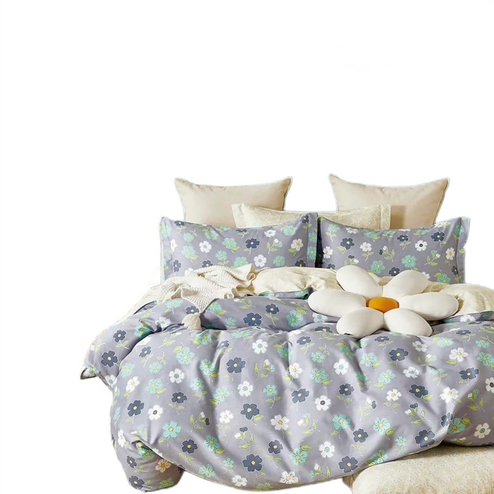 Lenjerie de pat dublu king size Percalle imprimat Bumbac 100% 6 piese cearsaf pat 240x260 cm, pilota 200x230 cm, 2 fete perne 50x70 cm, 2 fete perne 70x70 cm Flori Bej / Gri, Pucioasa