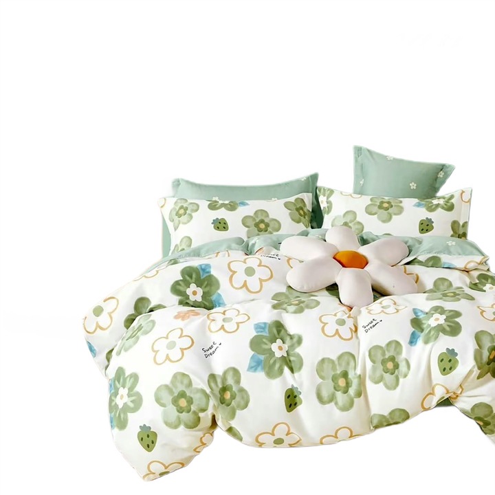 Lenjerie de pat dublu Percalle imprimat Bumbac 100% 4 piese cearsaf pat 240x260 cm, pilota 200x230 cm, 2 fete perne 50x70 cm, Floricele Alb / Verde, Pucioasa