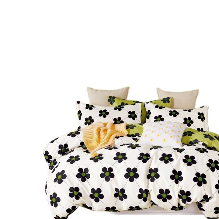 Lenjerie de pat o persoana Percalle imprimat Bumbac 100% 3 piese cearsaf pat 160x240 cm, pilota 150x220 cm, fata perna 50x70 cm, Flori Crem / Verde, Pucioasa