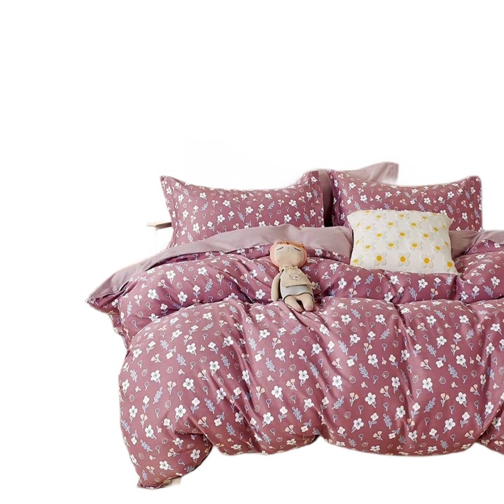 Lenjerie de pat dublu king size Percalle imprimat Bumbac 100% 6 piese cearsaf pat 240x260 cm, pilota 200x230 cm, 2 fete perne 50x70 cm, 2 fete perne 70x70 cm Imprimeu floral Rosu, Pucioasa