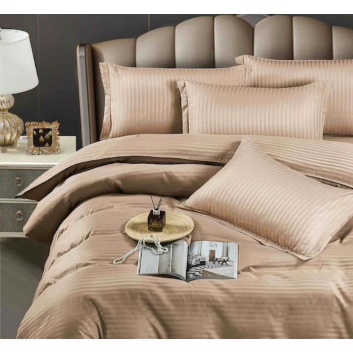 Lenjerie pat dublu cu elastic, Damasc Deluxe Premium, 6 Piese, Horeca BeJ inchis