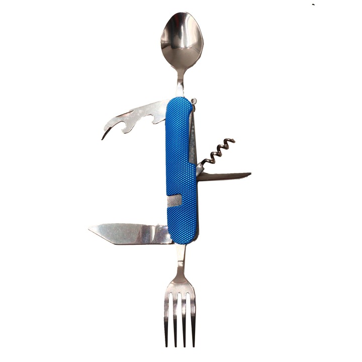 Cutit briceag detasabil, cu 6 functii lingura furculita, albastru, 25 cm, Dalimag
