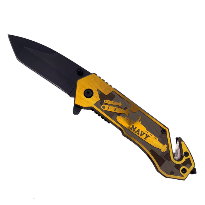 Briceag manual, Model Navy, Taiere Centura si spargator geamuri, Otel, Sistem Prindere la curea, Auriu, 20 cm, Dalimag