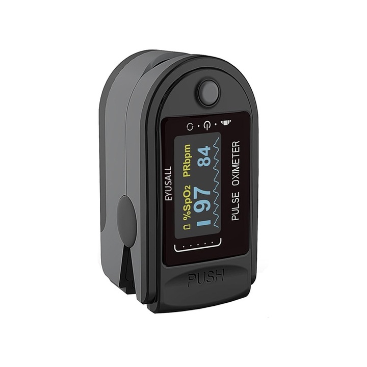 Pulsoximetru pentru deget, EYUSALL, Display OLED, Pentru verificarea saturatiei de oxigen din sange (SpO2) si a pulsului, Negru