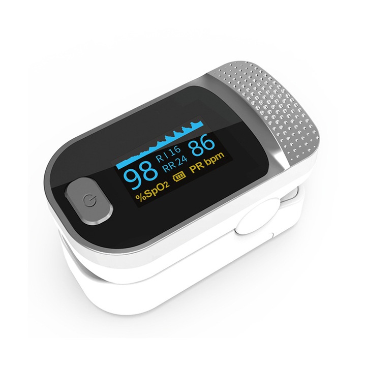 Pulsoximetru profesional de deget, EYUSALL, Display OLED, SpO2/PR/PI/RR, Avertizare sonora, Antiderapant, Alb, Argint