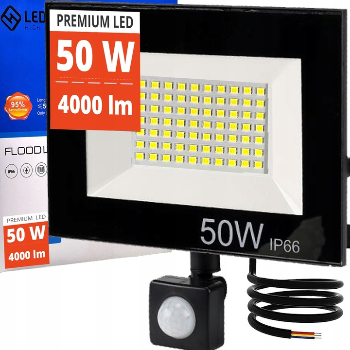 LEDLIGHT™ LED прожектор, 50W, 4000 lm, IP 66, сензор за движение и здрач, тънък, студено бял 6500 K, халоген, рефлектор, оберлихт, осветителен прожектор