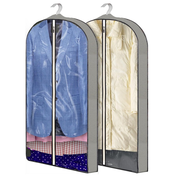 Set 2 huse de depozitare, ZUNSEAT, Huse Imbracaminte cu Fermoar complet si transparenta, Pliabil, Rezistent la praf, Usoara, Reutilizabile, Pentru depozitare in dulap si calatorii, PEVA, 60x127x10cm, Gri