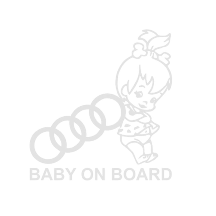 Sticker Baby on board, fetita, logo Audi, rezistent la jet de apa, 20 cm, alb