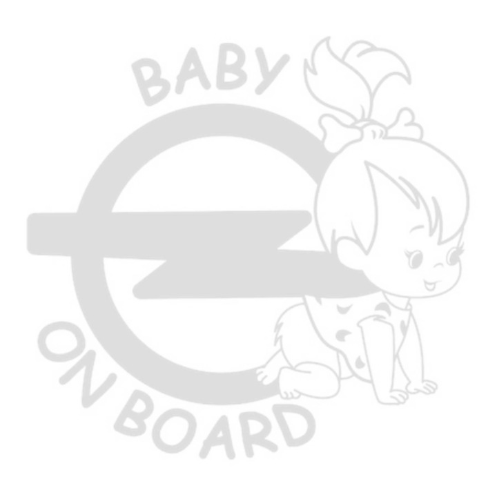 Sticker auto Baby on board, fetita, logo Opel, ultrarezistent la jet de apa, 20 cm alb