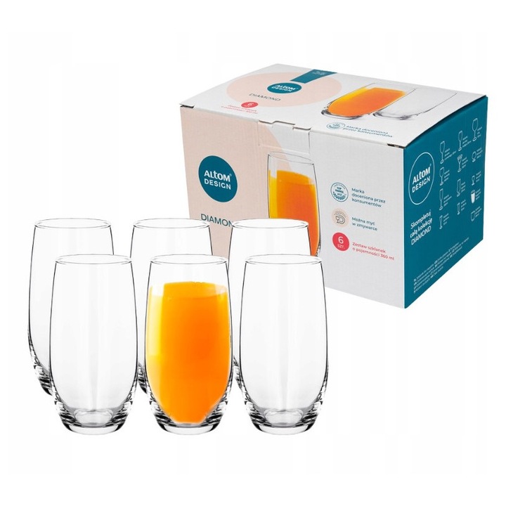 Set 6 pahare inalte ALTOMDESIGN Diamond, sticla transparenta, 360ml