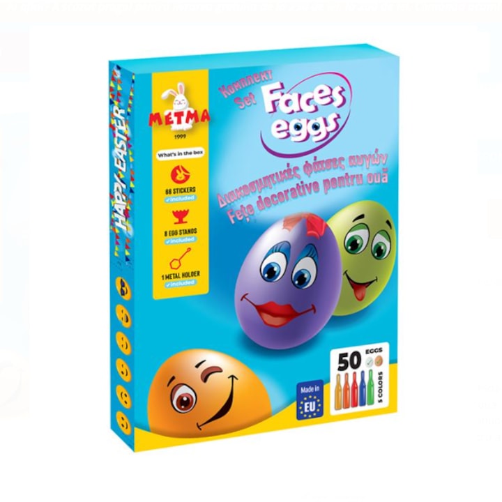 Vopsea cu autocolante decorative, diferite culori, fete zambitoare, pentru 50 de oua