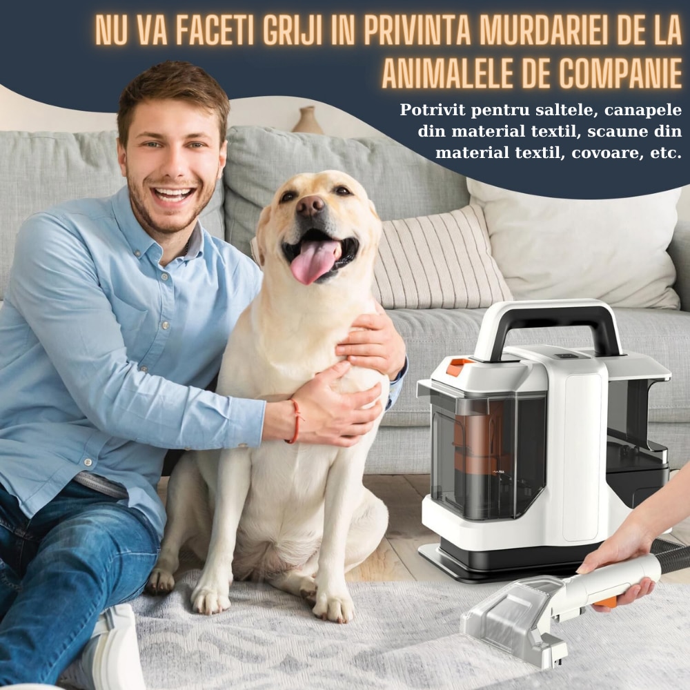 Aspirator Cu Spalare, Ila Product®, Aspirator Spalare Tapiterie Si Covoare, Motor 450W, Putere 11000 Pa, Sistem Dublu Rezervoare 1.08L + 0.8L, Perii Inter schimbabile, Furtun Si Cablu Lung, Curatare Rapi da Pete Adanci, Compact Si Usor De Depozitat, Gri