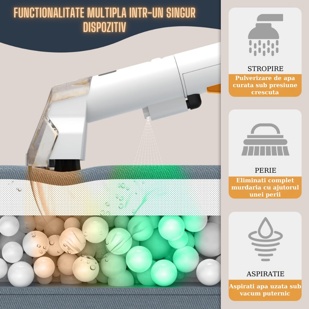 Aspirator Cu Spalare, Ila Product®, Aspirator Spalare Tapiterie Si Covoare, Motor 450W, Putere 11000 Pa, Sistem Dublu Rezervoare 1.08L + 0.8L, Perii Inter schimbabile, Furtun Si Cablu Lung, Curatare Rapi da Pete Adanci, Compact Si Usor De Depozitat, Gri
