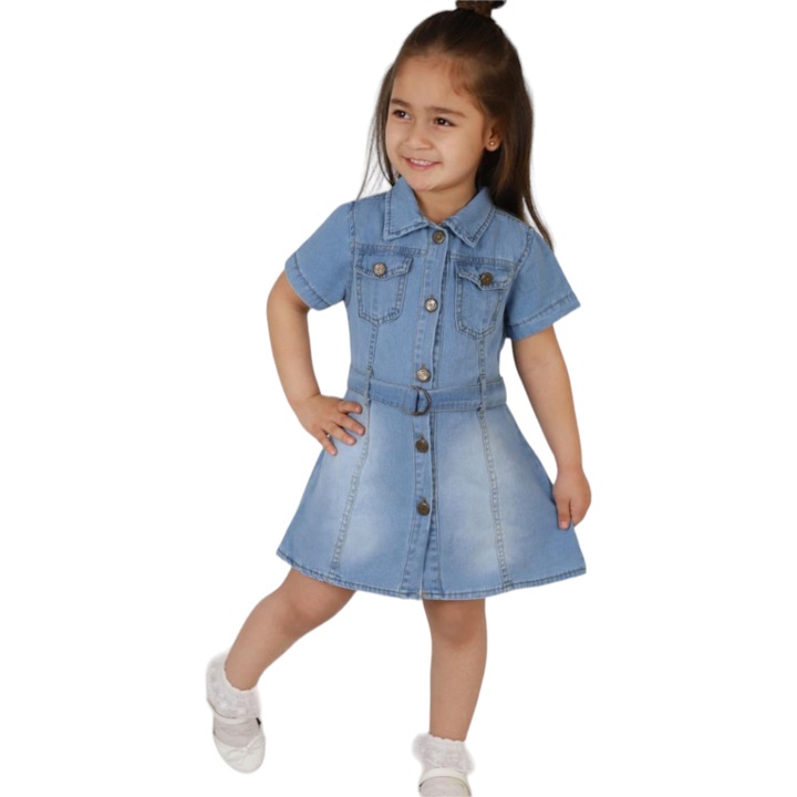 Дънкова рокля ARIANA за деца/момичета, ERAKIDS, декоративен колан, лека материя, 100% премиум памук, син деним