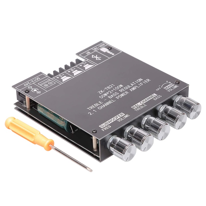 Аудио усилвател, JESWO®, Bluetooth 5.0, 2.1 канала, 2X50W+100W, аудио мощност 12V-24V, черен