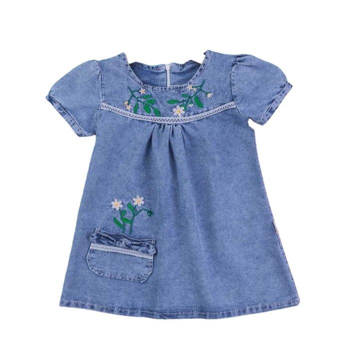 Дънкова рокля ELIZA за деца/момичета, ERAKIDS, апликиран джоб, флорална бродерия, лека материя, памук, син деним