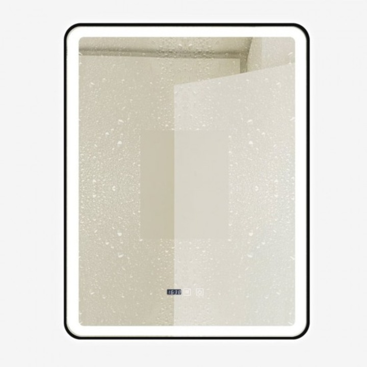 LED fürdőszoba tükör, érintésérzékelős, hideg, meleg és semleges fény, 60x100cm, antik fekete kerettel, órával