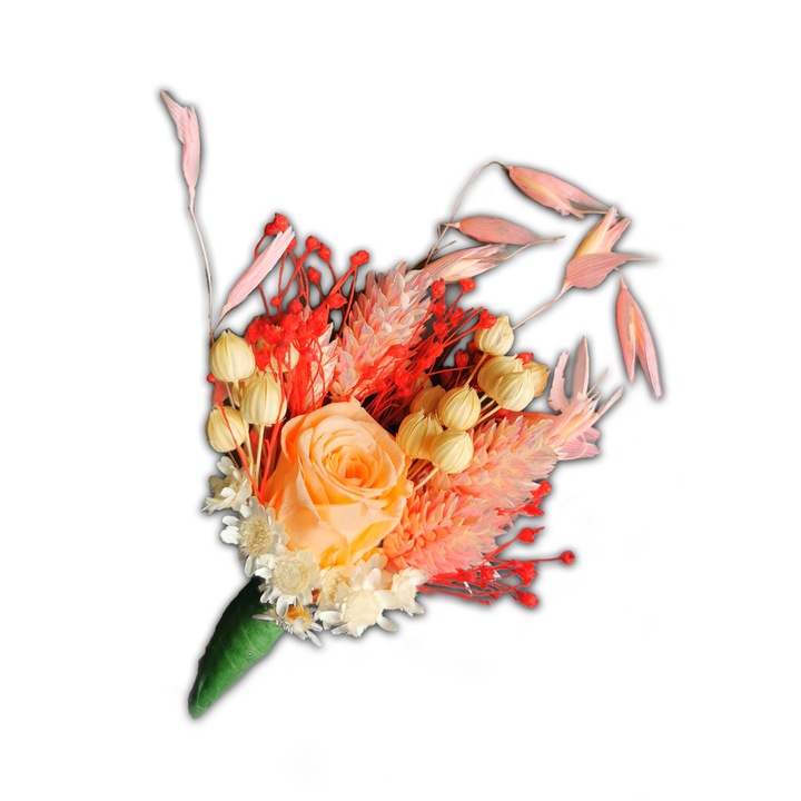 Cocarda, Floare de piept, Trandafir Miniroza criogenat si plante uscate, Somon, Bloom Atelier