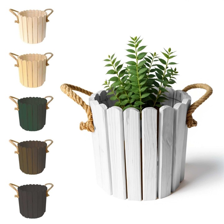 Ghiveci din Lemn de Pin, Floranica, 30cm cu Manere din Sfoara de Iuta, alb