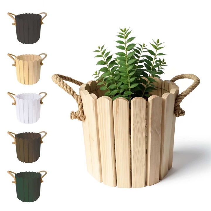 Ghiveci din Lemn de Pin, Floranica, 20cm cu Manere din Sfoara de Iuta, Bej