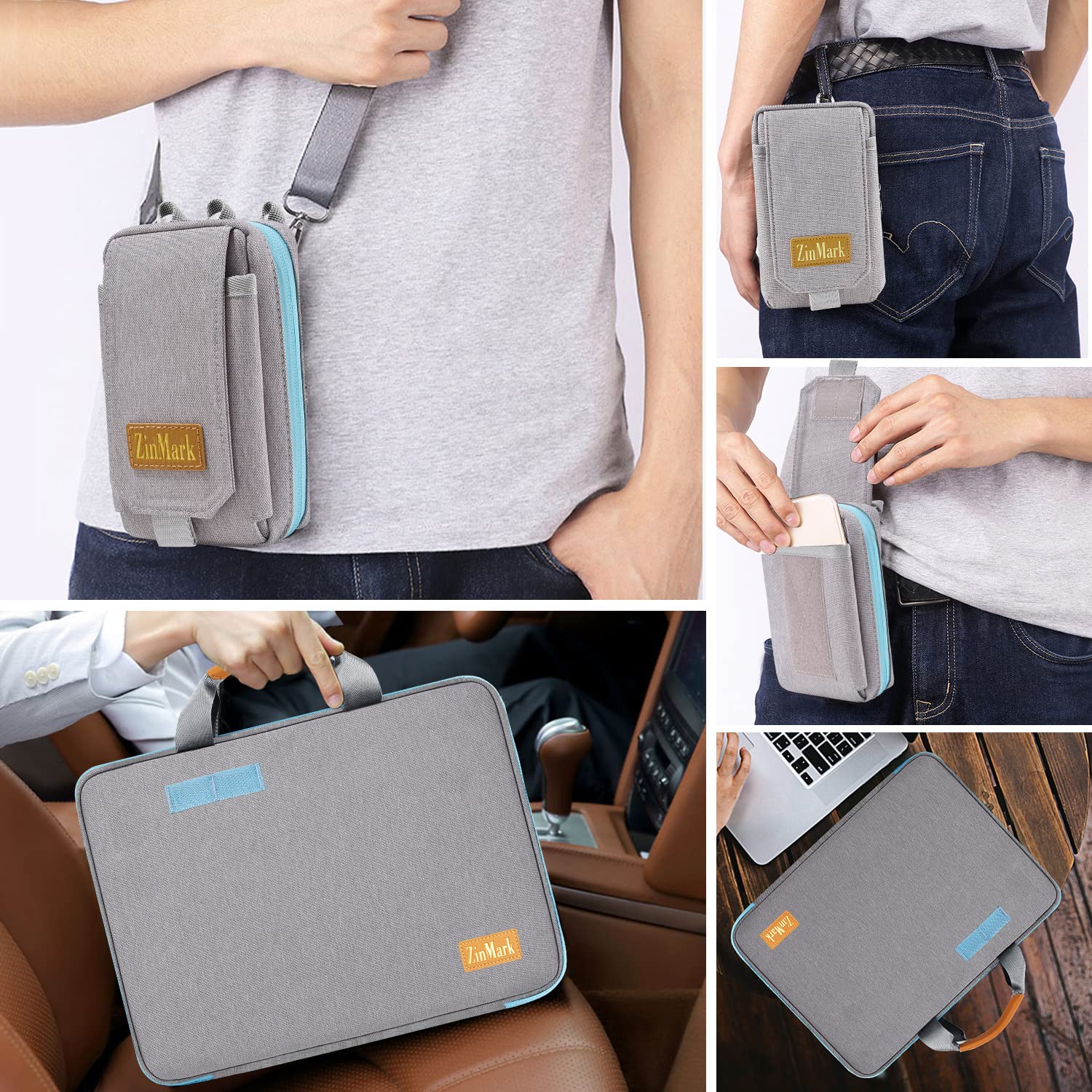 Set geanta laptop si geanta curea, ZinMark, Poliester, 15.6 inch, Gri/Albastru