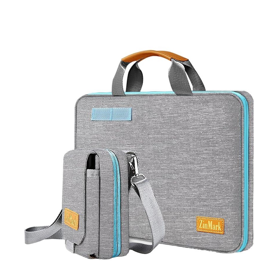 Set geanta laptop si geanta curea, ZinMark, Poliester, 15.6 inch, Gri/Albastru