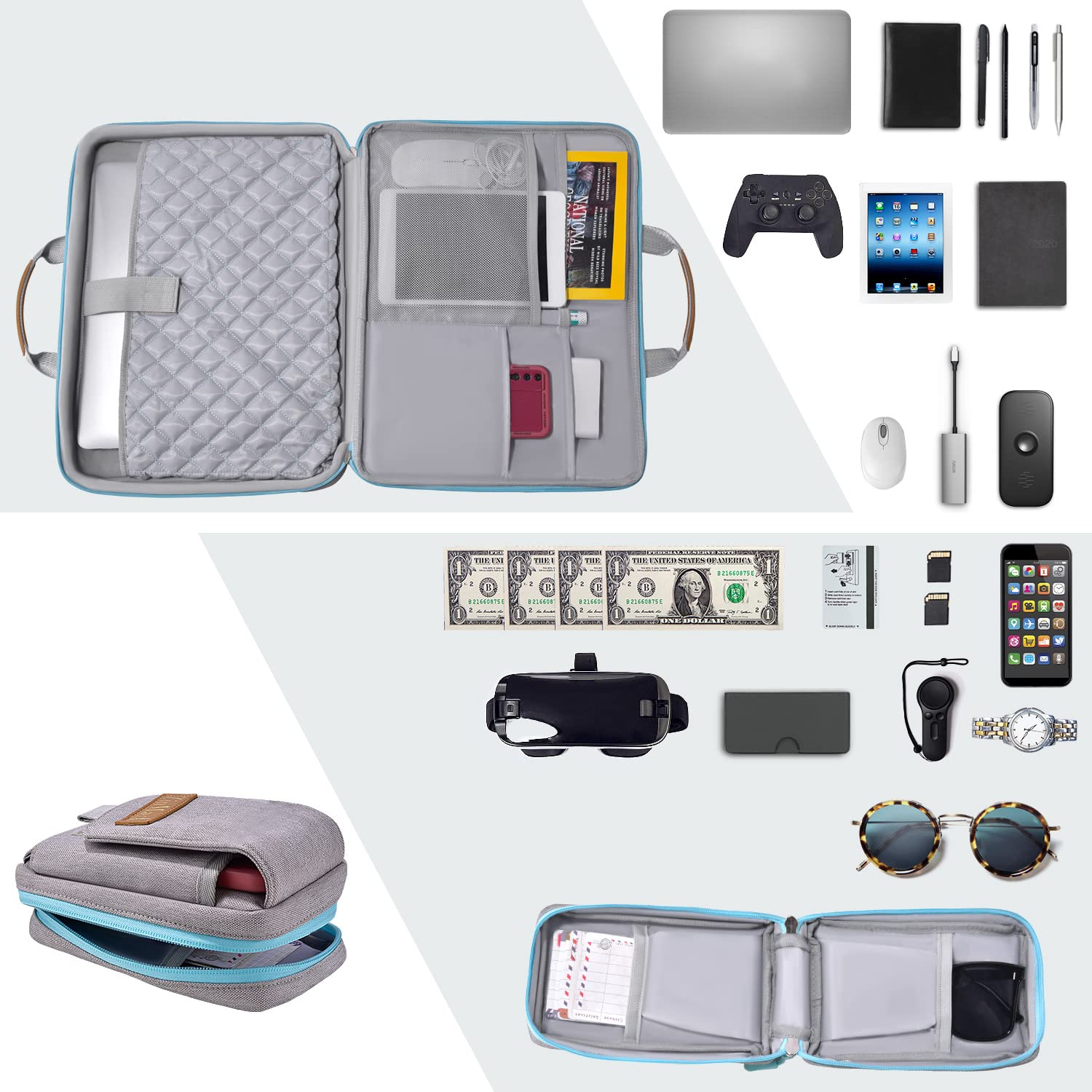 Set geanta laptop si geanta curea, ZinMark, Poliester, 15.6 inch, Gri/Albastru