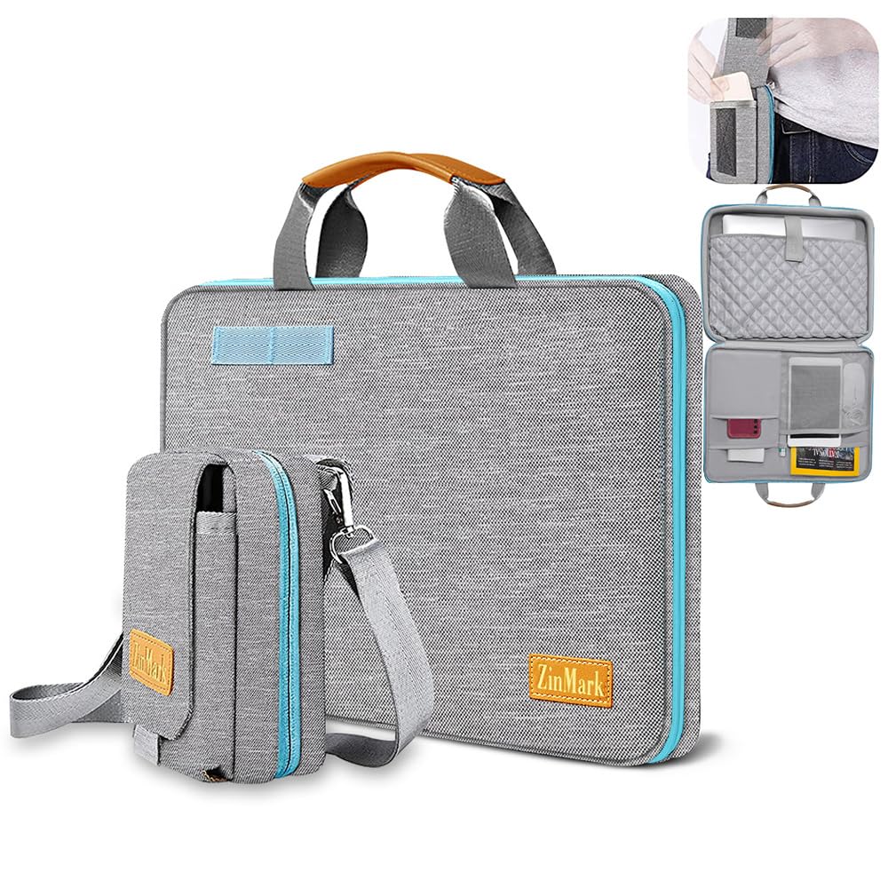 Set geanta laptop si geanta curea, ZinMark, Poliester, 15.6 inch, Gri/Albastru