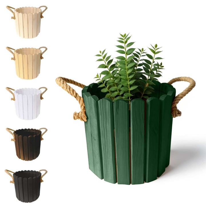 Ghiveci din Lemn de Pin, Floranica, 30cm cu Manere din Sfoara de Iuta, Verde