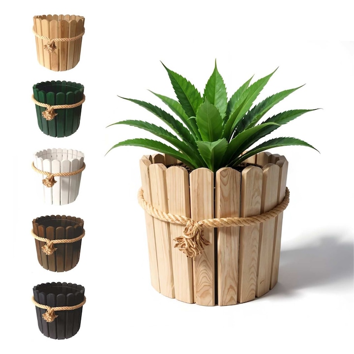 Ghiveci din Lemn de Pin 30cm Neimpregnat cu Maner din Sfoara de Iuta – Floranica – Rustic si Natural