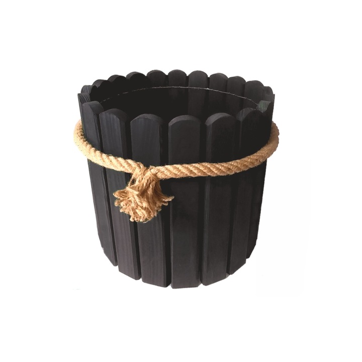 Ghiveci din Lemn de Pin 20cm Antracit cu Maner din Sfoara de Iuta – Floranica – Rustic si Natural