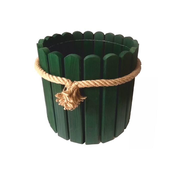 Ghiveci din Lemn de Pin 20cm Verde cu Maner din Sfoara de Iuta – Floranica – Rustic si Natural