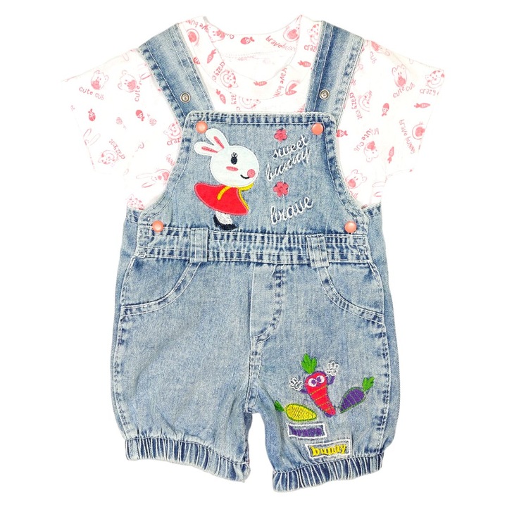 Compleu 2 piese SWEET BUNNY cu Salopeta scurta din denim si Tricou pentru bebelusi, ERAKIDS, imprimeu, material usor, bumbac, Roz