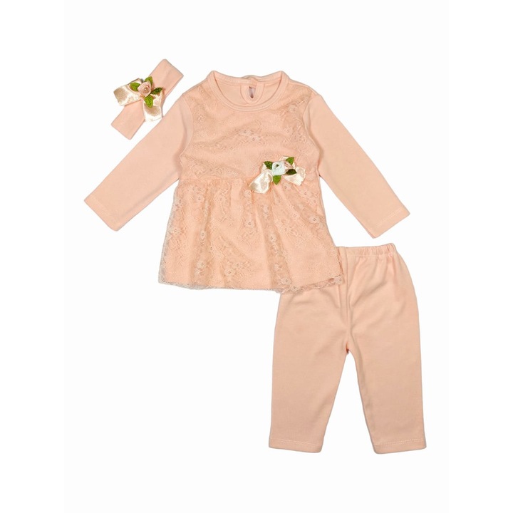 Комплект от 3 части ROSA за бебета, ERAKIDS, дантелени апликации и панделки, 100% памук, Розова сьомга