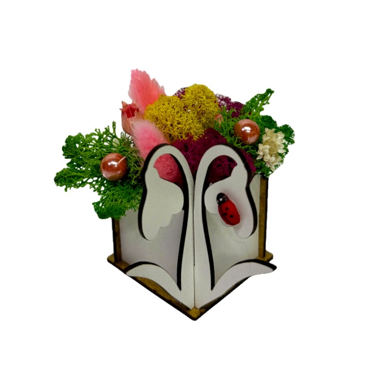 Аранжировка от цветя Whiff, в дървена кутия, стабилизирани естествени лишеи, криогениран естествен лагурус, естествени, сухи растения и декоративни перли, Velve