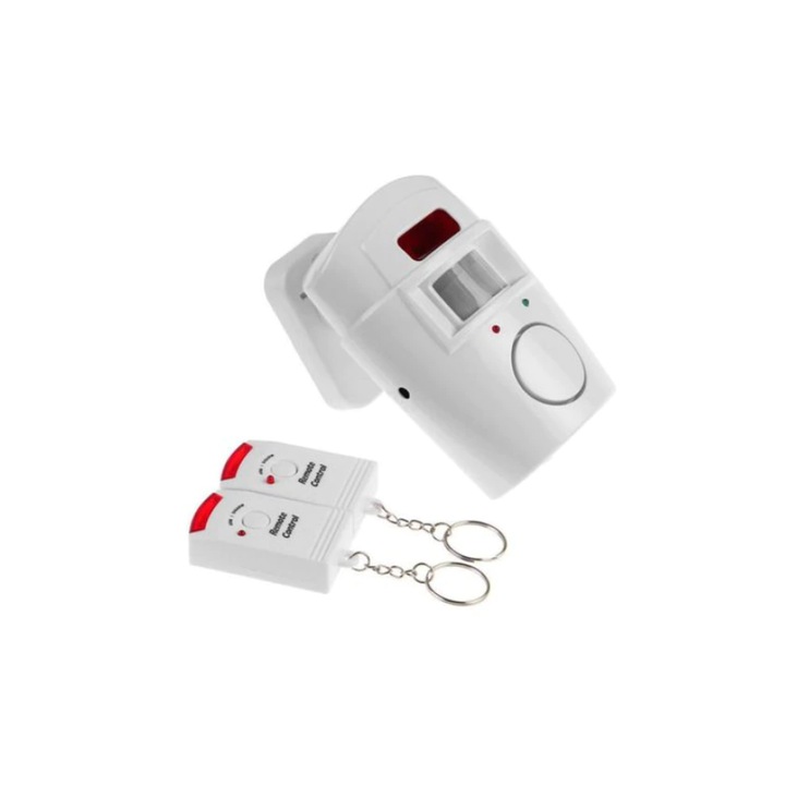 Mini sistem alarma cu telecomanda, alb, senzor de miscare si temporizator