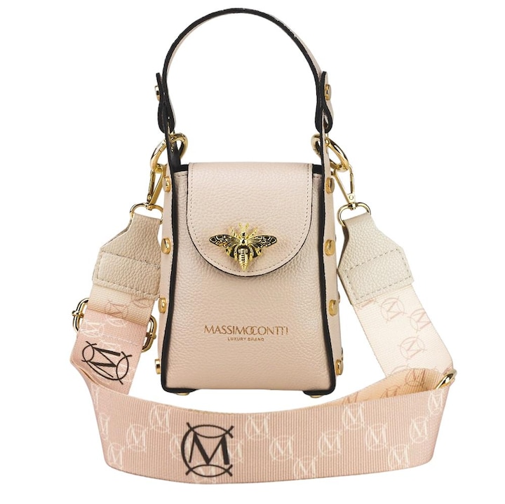 Geanta de dama, Massimo Contti, piele ecologica, detalii aurii, cu lant, bej