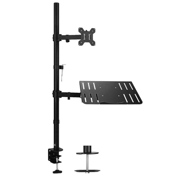 Suport pentru monitor, Suptek, cu raft pentru laptop, cu inclinare si rotire, pentru ecrane LCD LED de la 13 pana la 27 inch, cu 2 optiuni de montare, Negru
